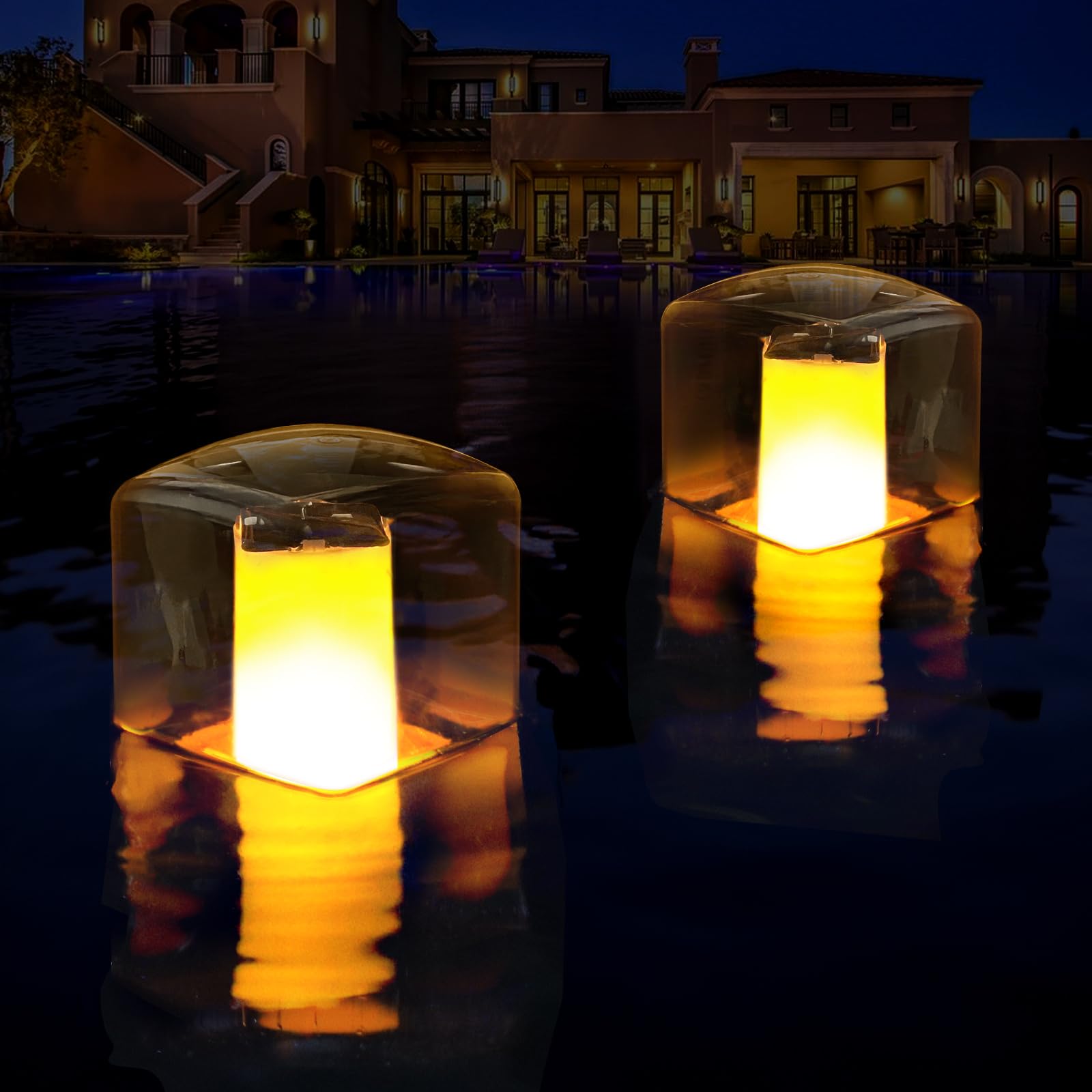 LanPool Floating Pool Lights, Solar Flame Pool Lights Waterproof, Square Pool Light, Glow in The Dark Light Up Swimming Pools Accessories,Floating Solar Light for Pools Pond Outdoor-2PCS