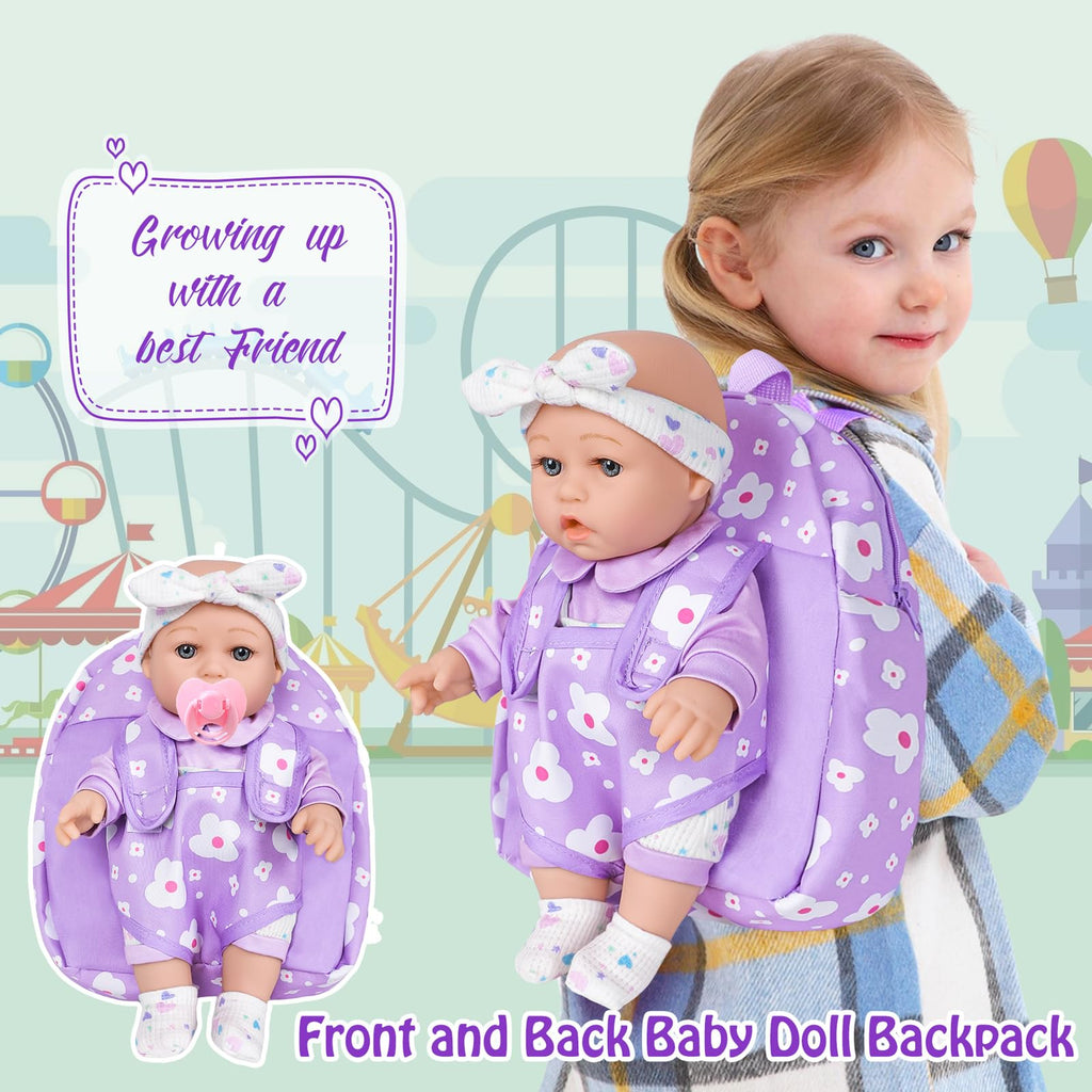 UZIDBTO 12" Baby Doll with Flower Pattern Backpack Carrier,12 Inch Realistic Baby Dolls with Clothes and Accessories Hanky Pacifier Bottle Diaper Toy Pretend Play Collection for 3+ Child Girls Gifts