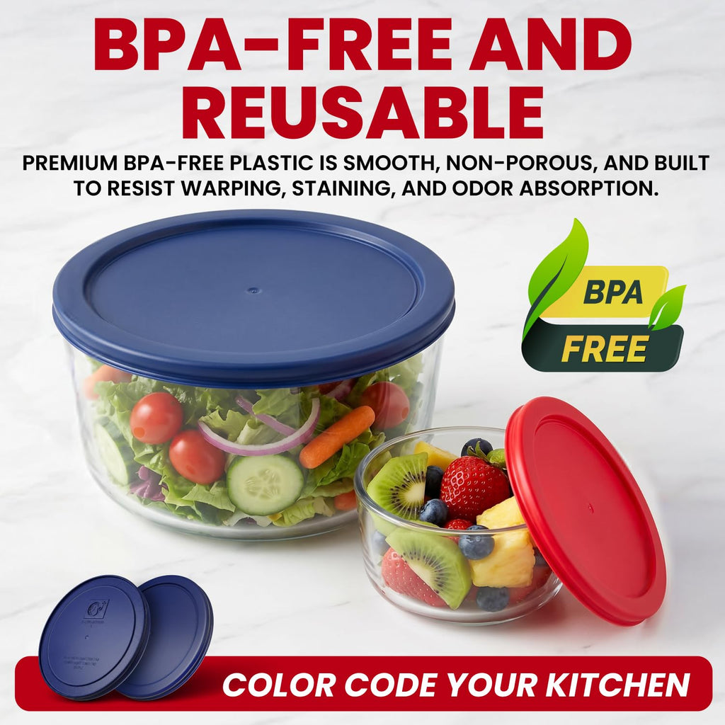 Replacement Lids for Pyrex Glass Food Storage Containers Round (2) for 7202-PC 1 Cup (3) for 7200-PC 2 Cup (2) for 7201-PC 4 Cup (2) for 7402-PC 6/7 Cup Red Blue