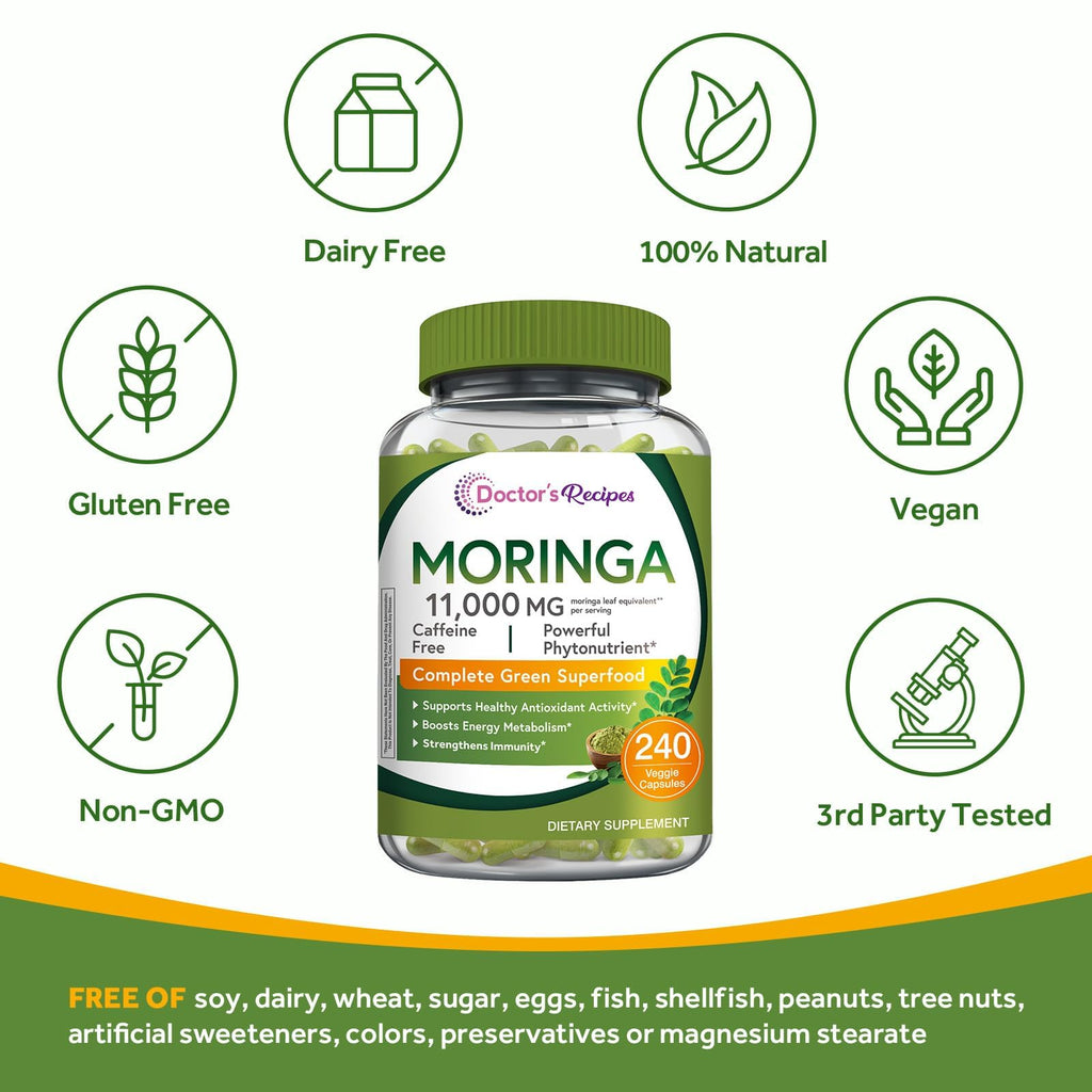 Doctor's Recipes Moringa, Complete Green Superfood, Natural Antioxidant Support, Non-GMO, 240 Vegan Caps, No Caffeine Soy Gluten