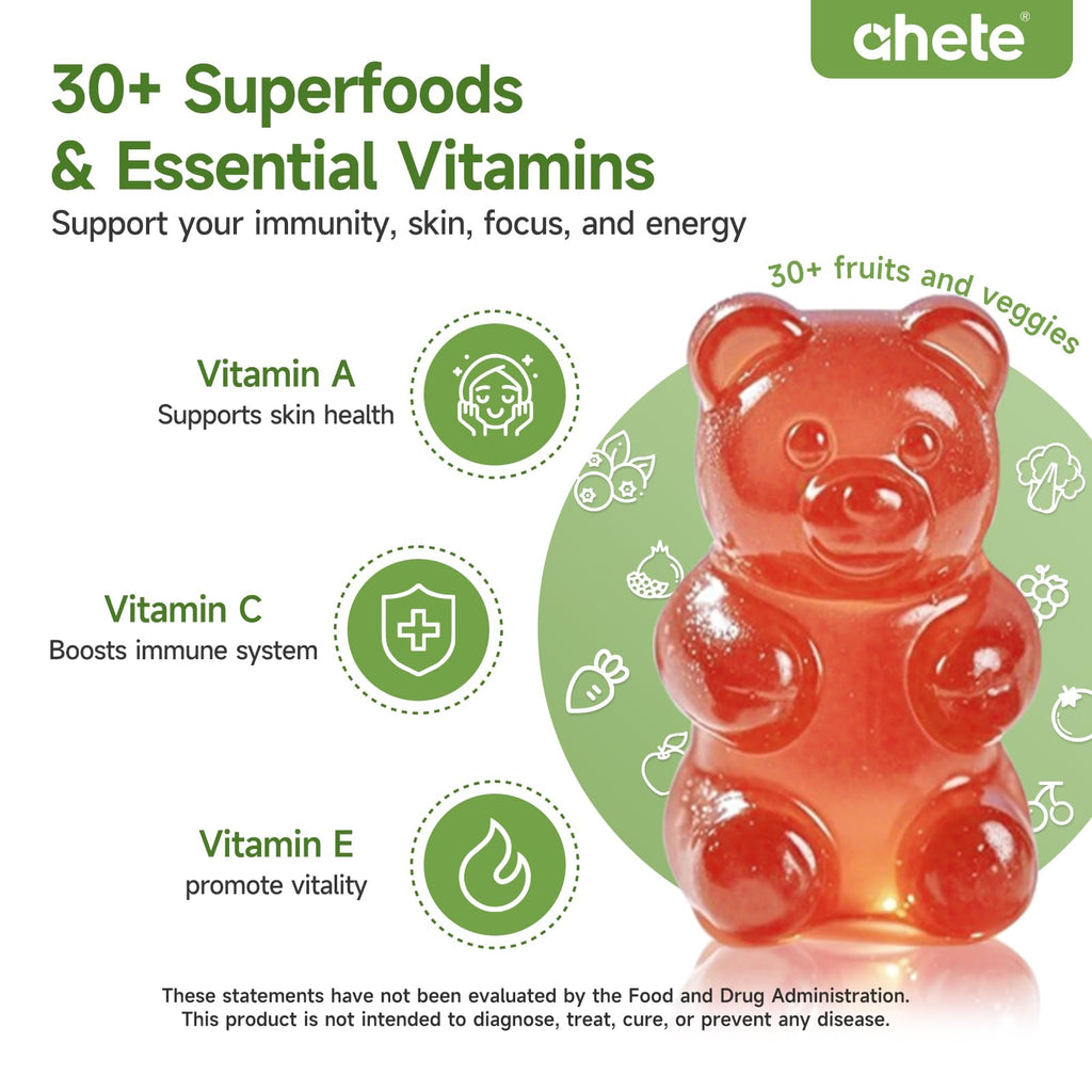 Ahete Fruit and Veggies Supplement, Vitamin A C E with 30+ Super Green Supplement for Women, Men and Kids, 60 Gummies, 30 Day Supply