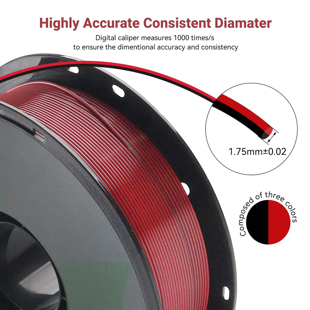 CHCKX PLA 3D Printer Filament, Dual Color Silk PLA Filament, Dimensional Accuracy +/- 0.02 mm, 1 kg Spool(2.2lbs), 1.75 mm,Black Red