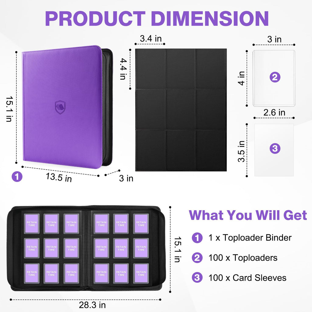 Toploader Binder, Holds 360 Toploaders, 100 Toploaders INCLUDED, 9-Pocket PU Cover Top Loader Binder for 3" x 4" Rigid Toploaders, Ringless Double-Sided Toploader Card Binder for TCG, Sport Cards