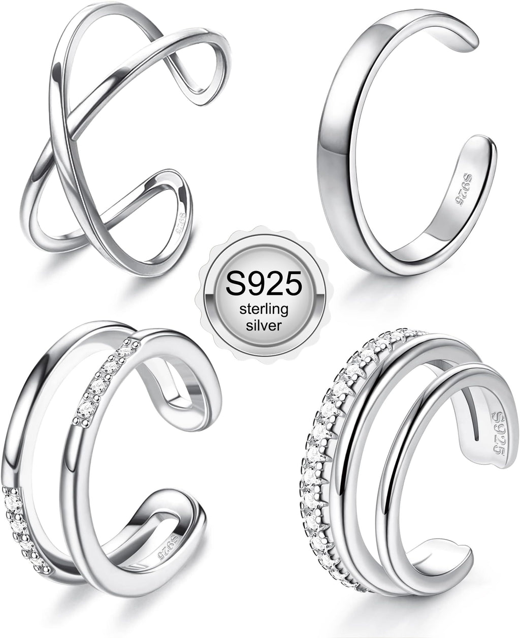 JeryWe 4 Pcs 925 Sterling Silver Ear Cuff for Women Non Piercing Adjustable Ear Cuff Earrings Clip On Cartilage Helix Wrap Ear Jewelry Set Sliver