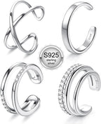 JeryWe 4 Pcs 925 Sterling Silver Ear Cuff for Women Non Piercing Adjustable Ear Cuff Earrings Clip On Cartilage Helix Wrap Ear Jewelry Set Sliver