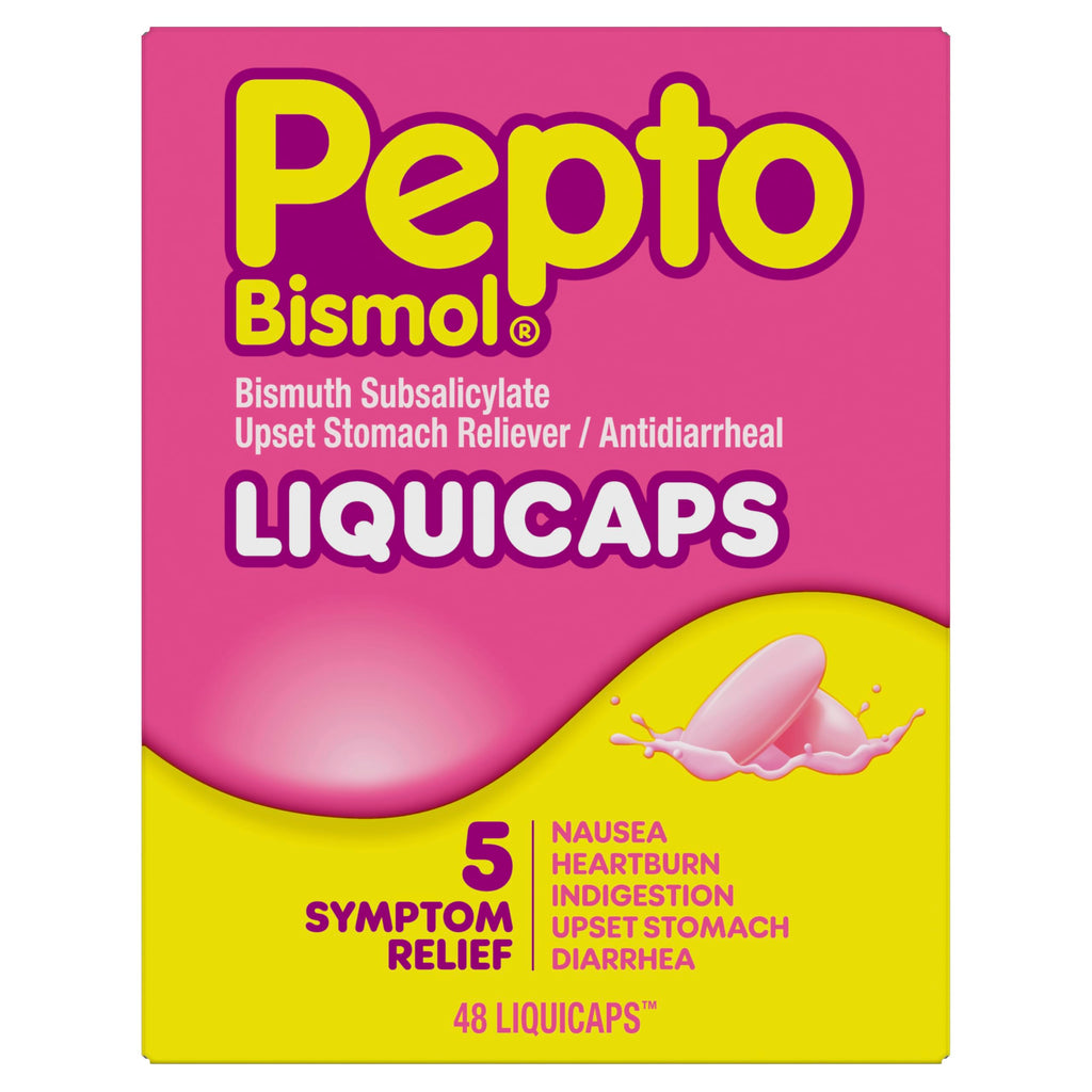 Pepto Bismol Liquicaps, Upset Stomach Relief, Nausea Relief, Heartburn Relief, Indigestion Relief, Anti Diarrhea Medication for Adults - 5 Symptom Fast Relief, No Flavor, 48 ct