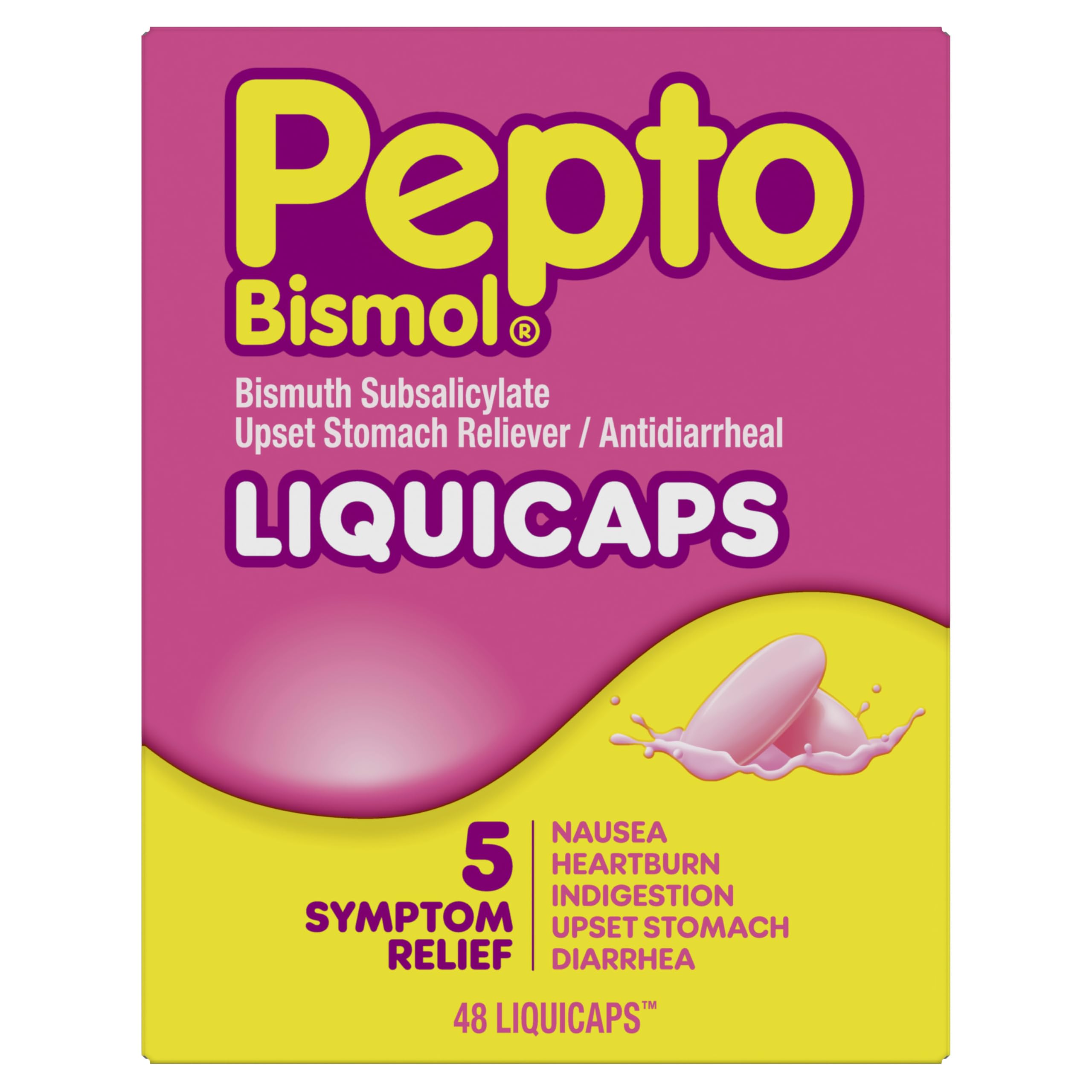 Pepto Bismol Liquicaps, Upset Stomach Relief, Nausea Relief, Heartburn Relief, Indigestion Relief, Anti Diarrhea Medication for Adults - 5 Symptom Fast Relief, No Flavor, 48 ct