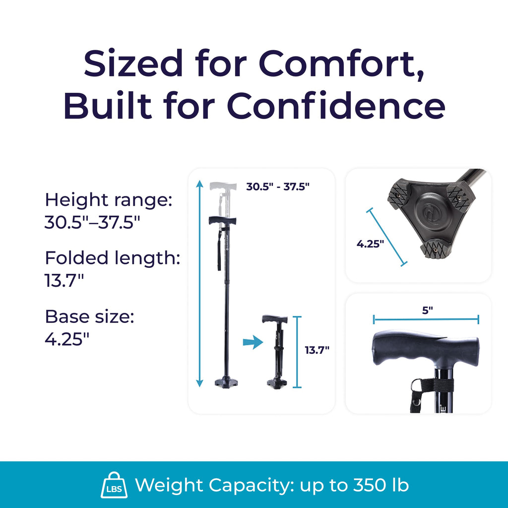 HurryCane Freedom Edition Foldable Walking Cane With T Handle - Enhanced Mobility Support - Patented SteadiGrip Base - Adjustable Height - Lightweight Foldable Design - Black