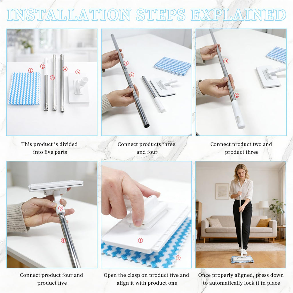 Snap Grip Mini Mop,2026 Upgraded Zero Touch Snap Grip Mini Mop,Cloth Changing MiniMop,Automatic Hands Free Push Pull Handle,Includes 1 MiniMop & 5 Reusable Cloths