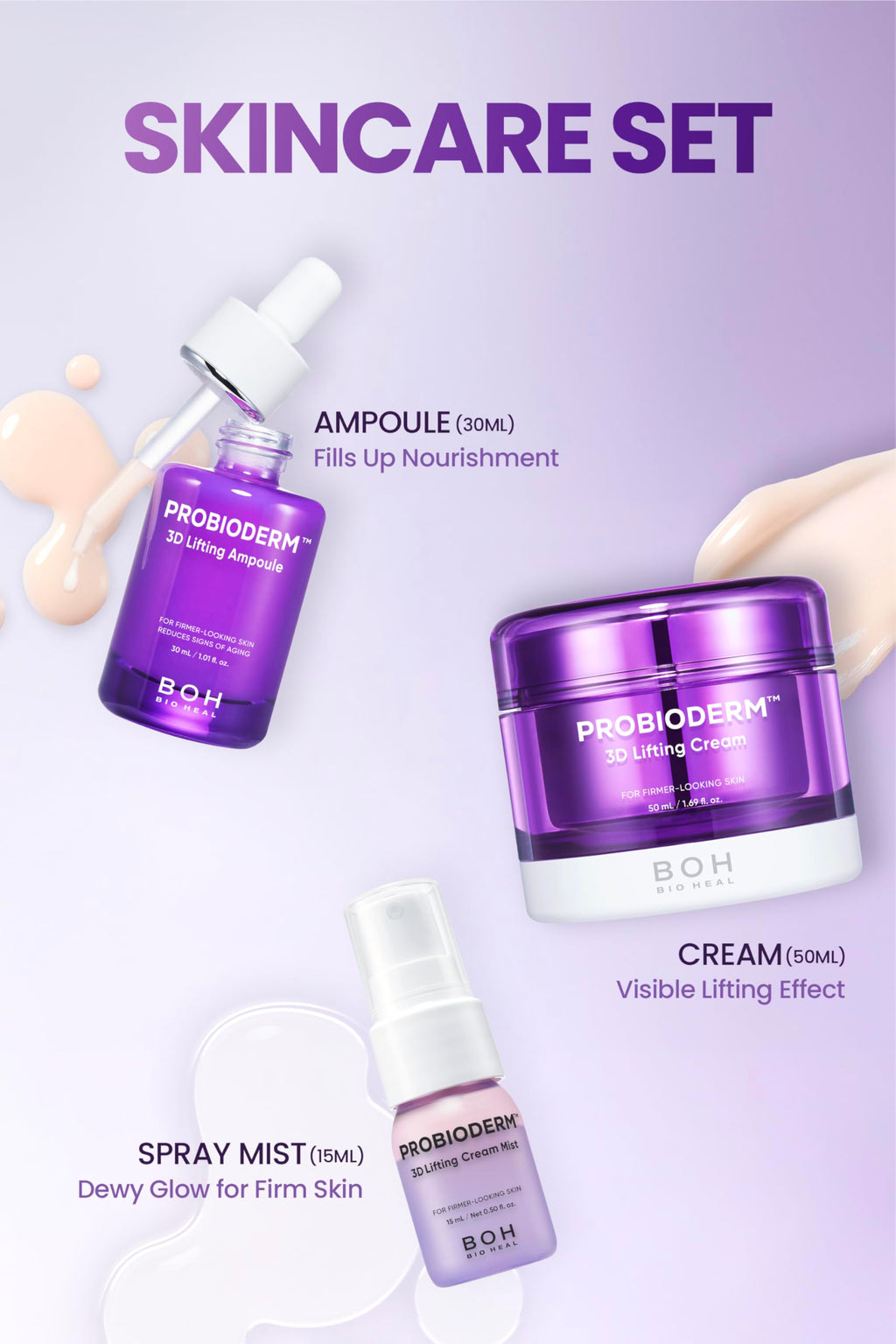 BIOHEAL BOH Probioderm 3D Lifting Skincare Set | Anti-Aging Face Moisturizer Night Cream, Ampoule & Facial Serum Spray | Korean Skin Care Kit for Firming & Hydration | K Beauty Gift Set for Women