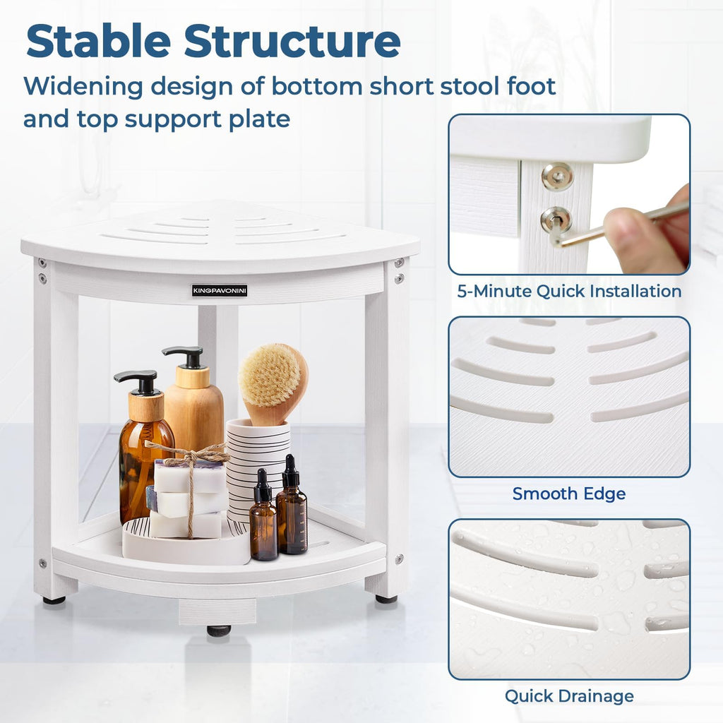 KingPavonini Waterproof Corner Shower Stool for Inside Shower, Anti-Fading Shower Bench for Shaving Legs, HDPS Anti-Fracture Shower Seat with Storage Shelf, Rapid Assembly, Load 400 Pounds