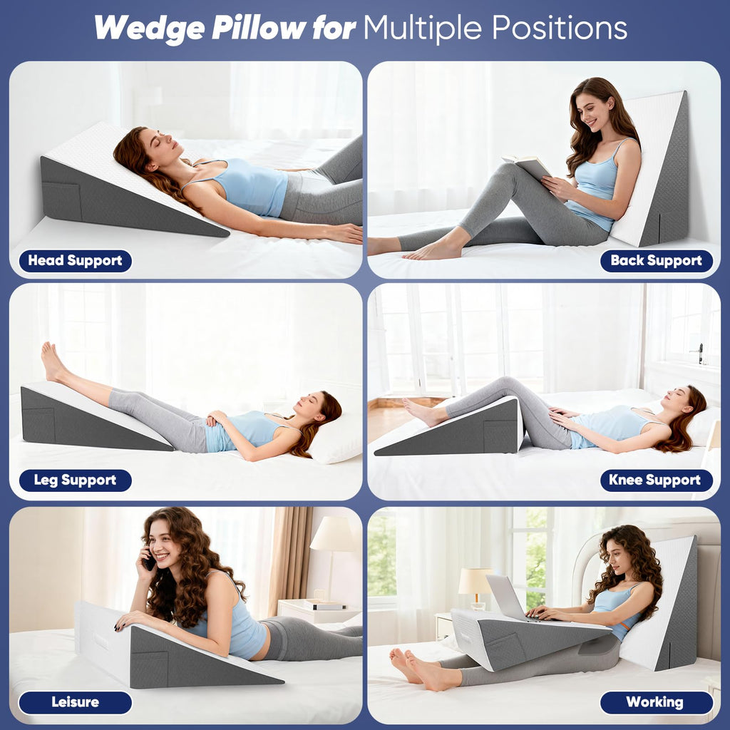 Vimoli Bed Wedge Pillow for Sleeping, Reading & Resting, 10 inch Cooling Memory Foam Incline Pillow Wedge for Adults Seniors, Ideal for Couch, Bedroom & Living Room, Removable Washable Cover