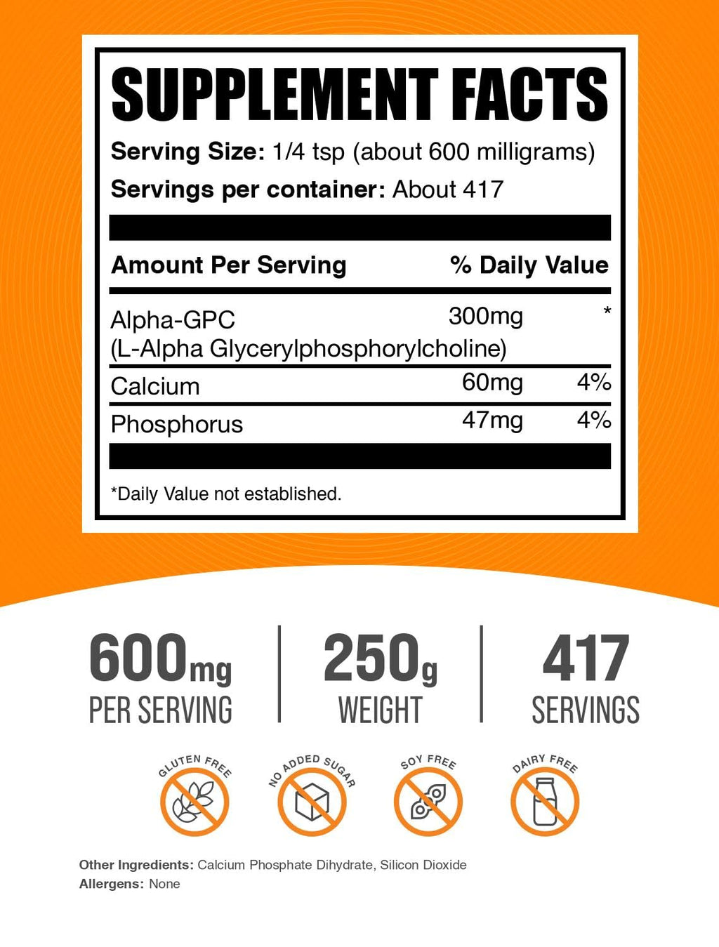 BulkSupplements.com Alpha GPC Powder - Choline Supplements, Alpha GPC 300mg - Unflavored & Gluten Free, 600mg per Serving, 250g (8.8 oz) (Pack of 1)