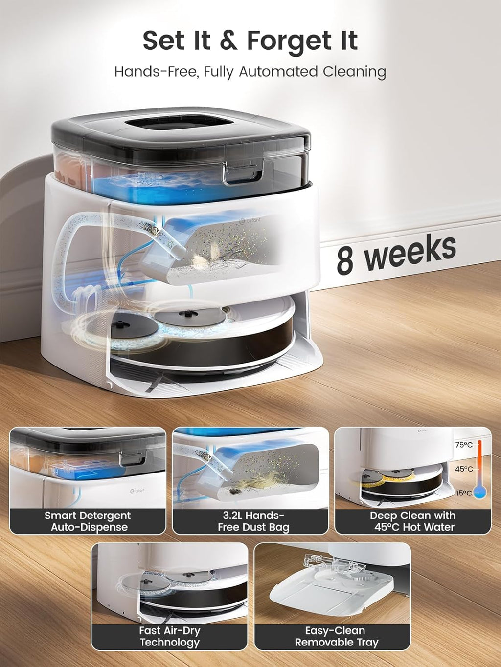 Lefant Robot Vacuum and Mop, 12000Pa Suction, 90-Day Self-Emptying, Obstacle Avoidance, Auto Mop Washing&Drying, All-in-One for Pet Hair Carpet, 5G WiFi Alexa/APP/iWatch Control, M3