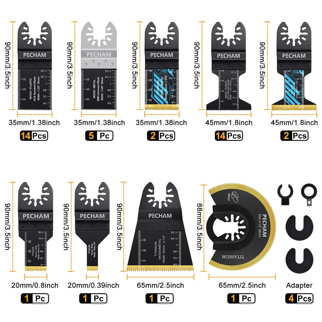 Oscillating Saw Blades, PECHAM 45PCS Professional Universal Titanium Multitool Blades for Wood Plastics Metal Quick Release Multi Tool Kits Fit Rockwell Ridgid Ryobi Milwaukee Chicago Craftsman