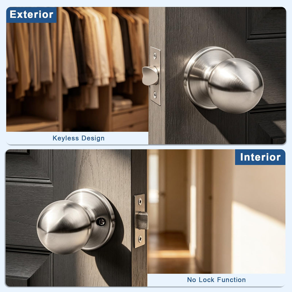 Knobonly 3 Pack Keyless Indoor Door Knob, Passage Door Knobs, Interior Door Knobs, Satin Nickel, Stainless Steel
