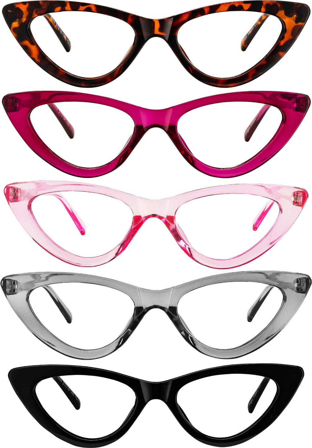 Yogo Vision Reading Glasses Readers for Women Cateye Eyeglasses and Light Spring Hinge Frame Set of 5: Black, Grey, Pink. Hot Pink, Brown Havana 1.75