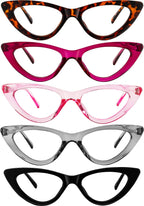 Yogo Vision Reading Glasses Readers for Women Cateye Eyeglasses and Light Spring Hinge Frame Set of 5: Black, Grey, Pink. Hot Pink, Brown Havana 1.75