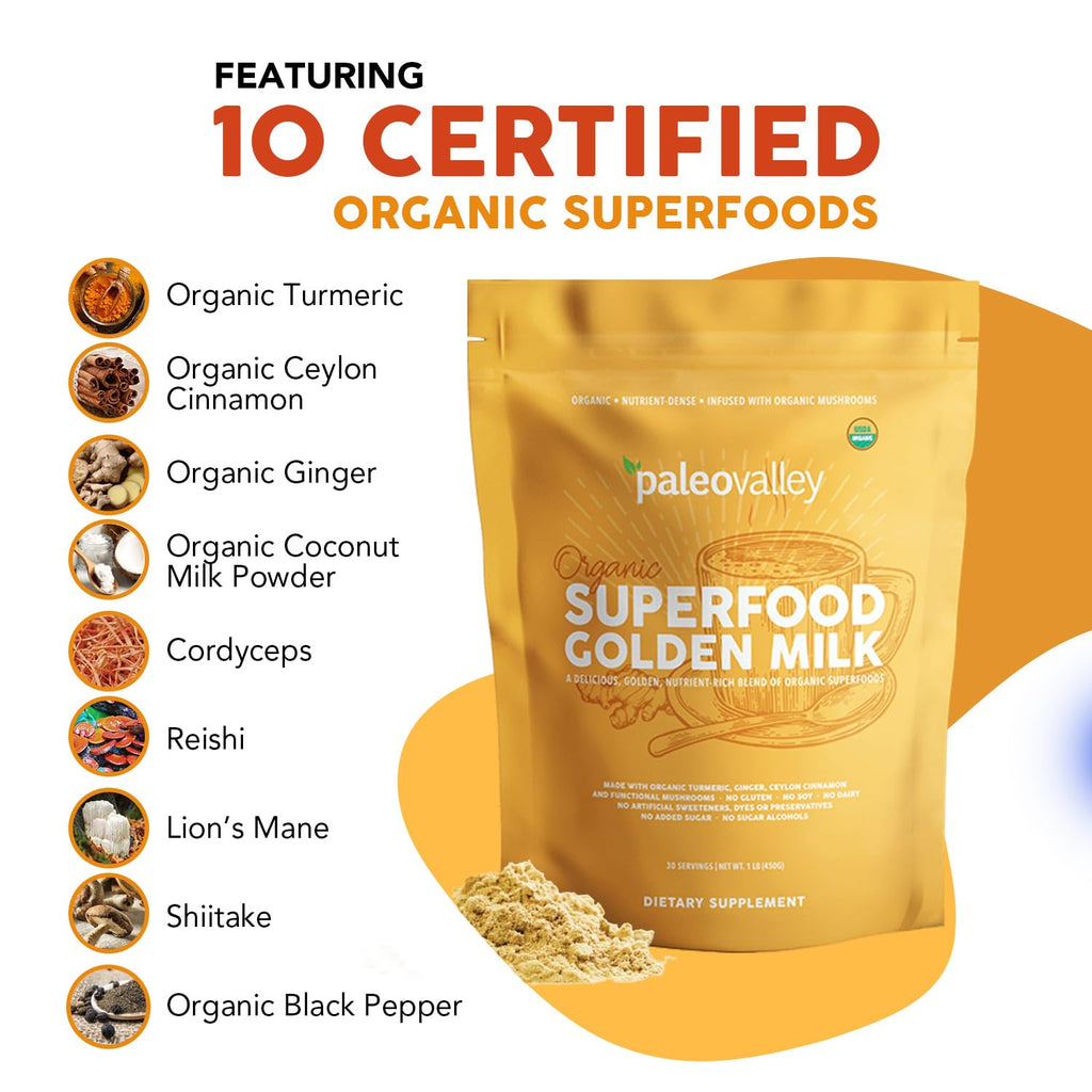 Paleovalley Organic Superfood Golden Milk - Immune, Focus, Cognitive, Longevity - Turmeric, MCT-Rich Coconut Milk, Functional Mushrooms, 30 Servings