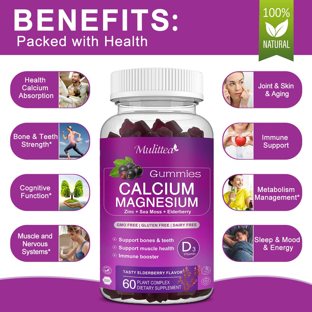 Calcium Magnesium Zinc Gummies with High Absorption Magnesium Glycinate, Potassium -Plant Calcium Supplement w/ D3 & Sea Moss for Bone, Muscles, Calm Mood & Sleep Support- Kids & Adults (2 Pack)