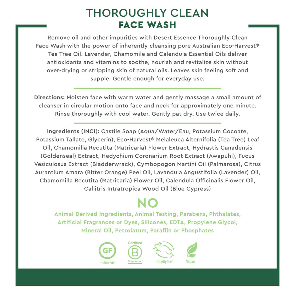 Desert Essence Thoroughly Clean Face Wash with Tea Tree Oil, Castile Soap and Coconut Oil - Organic Facial Cleanser for Sensitive and Oily Skin, Vegan & Cruelty-Free, 32 fl oz