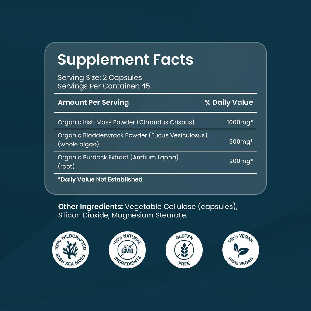 ORGANICS NATURE Irish Sea Moss Capsules 45 Servings | High Potency Seamoss Pills | Dr. Sebi Approved Sea Moss for Energy 90 Vegan Capsules