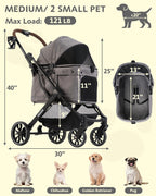 Dog Stroller with Waterproof Rain Cover, Heavy-Duty All-Terrain 4-Wheel Pet Stroller with Adjustable Sunshade Canopy, Foldable Travel Dog Strollers for Small/Medium Dogs Up to 121 lbs