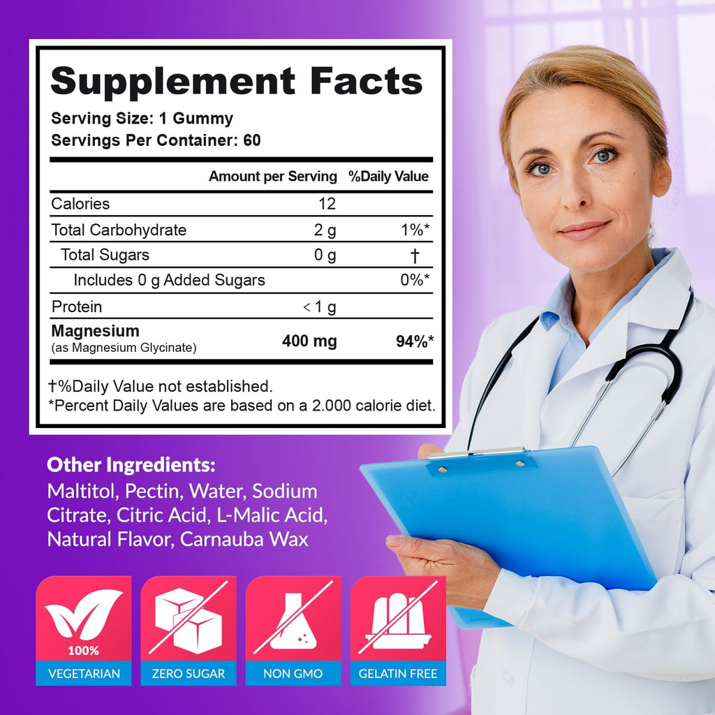 Magnesium Glycinate Gummies 400mg, Muscle Support and Relaxation, Magnesium Supplement for Women, Men and Kids, High Absorption, Sugar Free, Vegan, 60 Days Supply, Raspberry Flavor