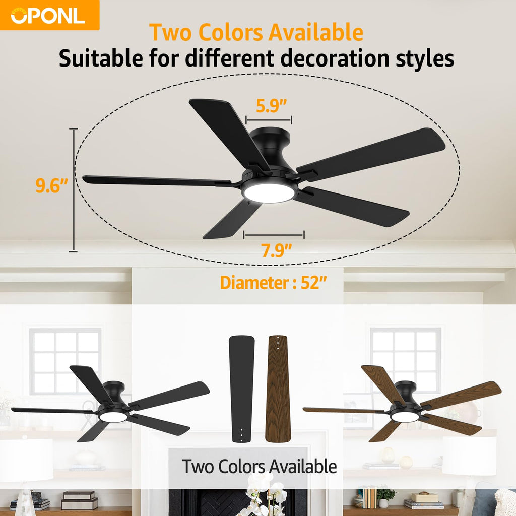 OPONL Ceiling Fan with Light, 52 inch Low Profile Ceiling fan with Light and Remote Control, Reversible, 6CCT, Dimmable, Noiseless, Black Ceiling Fan for Bedroom, Indoor/Outdoor Use, Modern