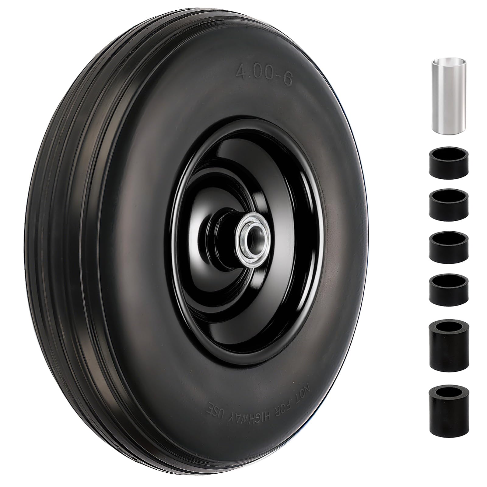 4.00-6 Flat Free Tire and Wheel, 13" Solid Wheelbarrow Tires, Adapter Kit