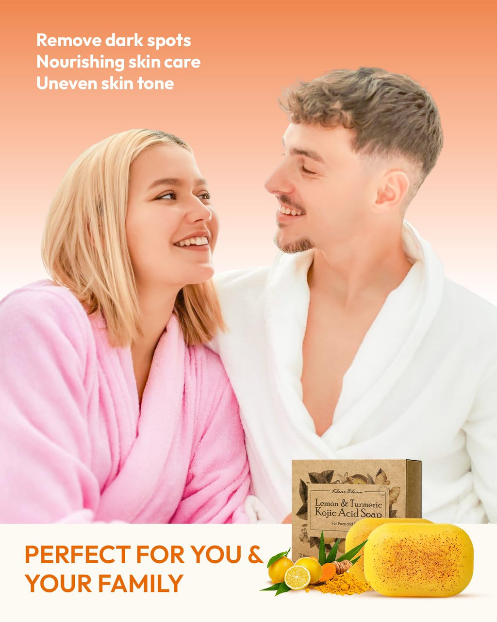 KlearBloom Lemon Turmeric Kojic Acid Soap – Exfoliating Soap with Almond Particles for Dark Spots, Vitamin C and Extra Shea Butter, Gentle Brightening & Moisturizing for Face and Body – 105g x4 Bars