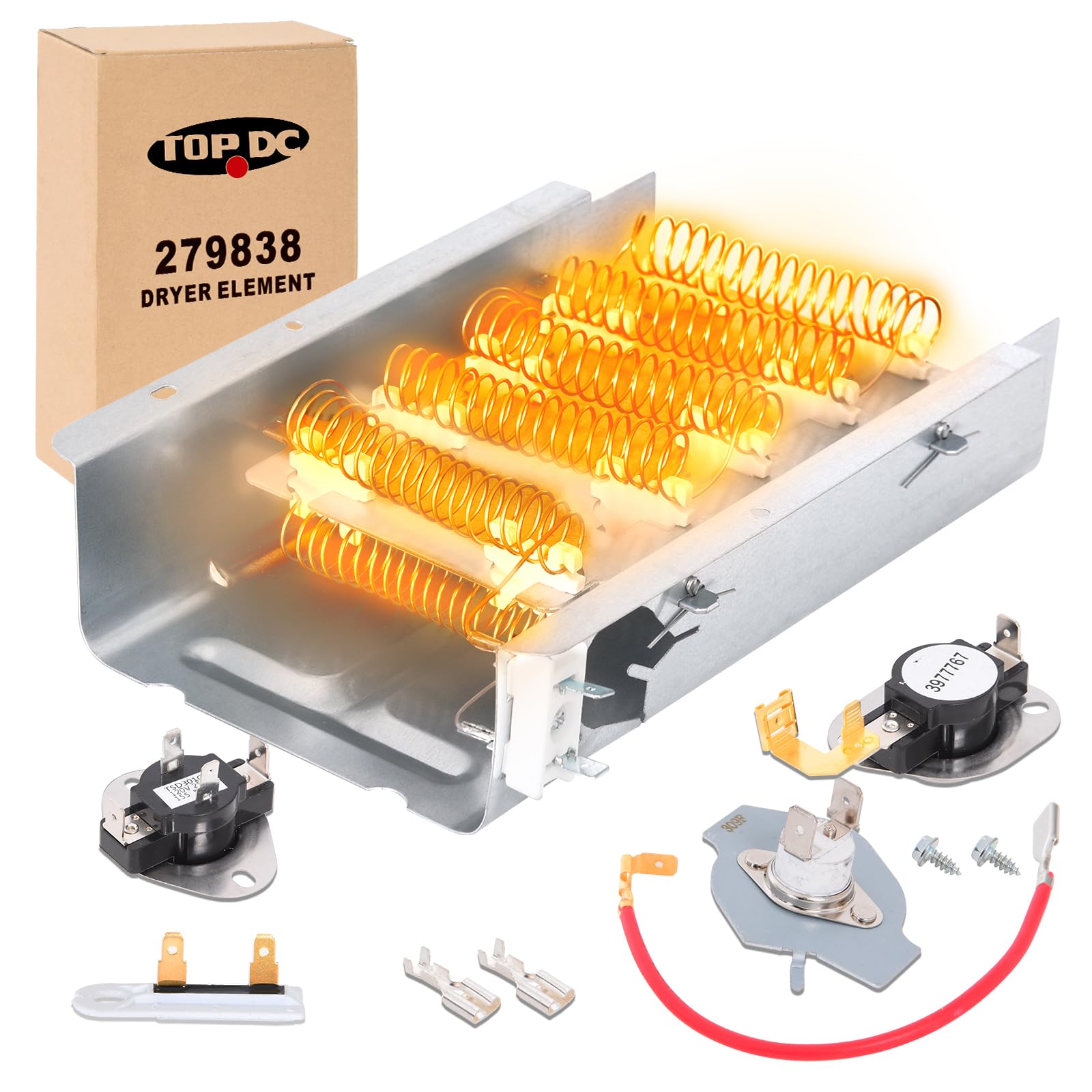 TOPDC【2025 Upgraded】 279838 Dryer Heating Element with Thermostat & Thermal Fuse Kit for Whirlpool Kenmore Maytag Amana Roper Admiral 70/80 Series 110 Model