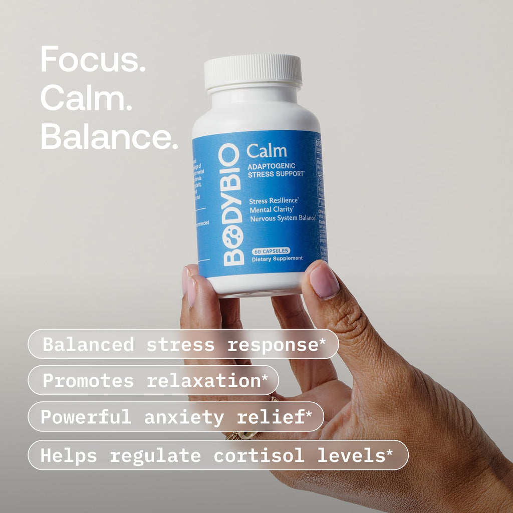 BodyBio Calm - Natural Stress Relief Blend with Rhodiola, Glycine & Phosphatidylserine - Supports Relaxation, Mental Focus & Balanced Cortisol - Non - Drowsy Formula 60 Capsules