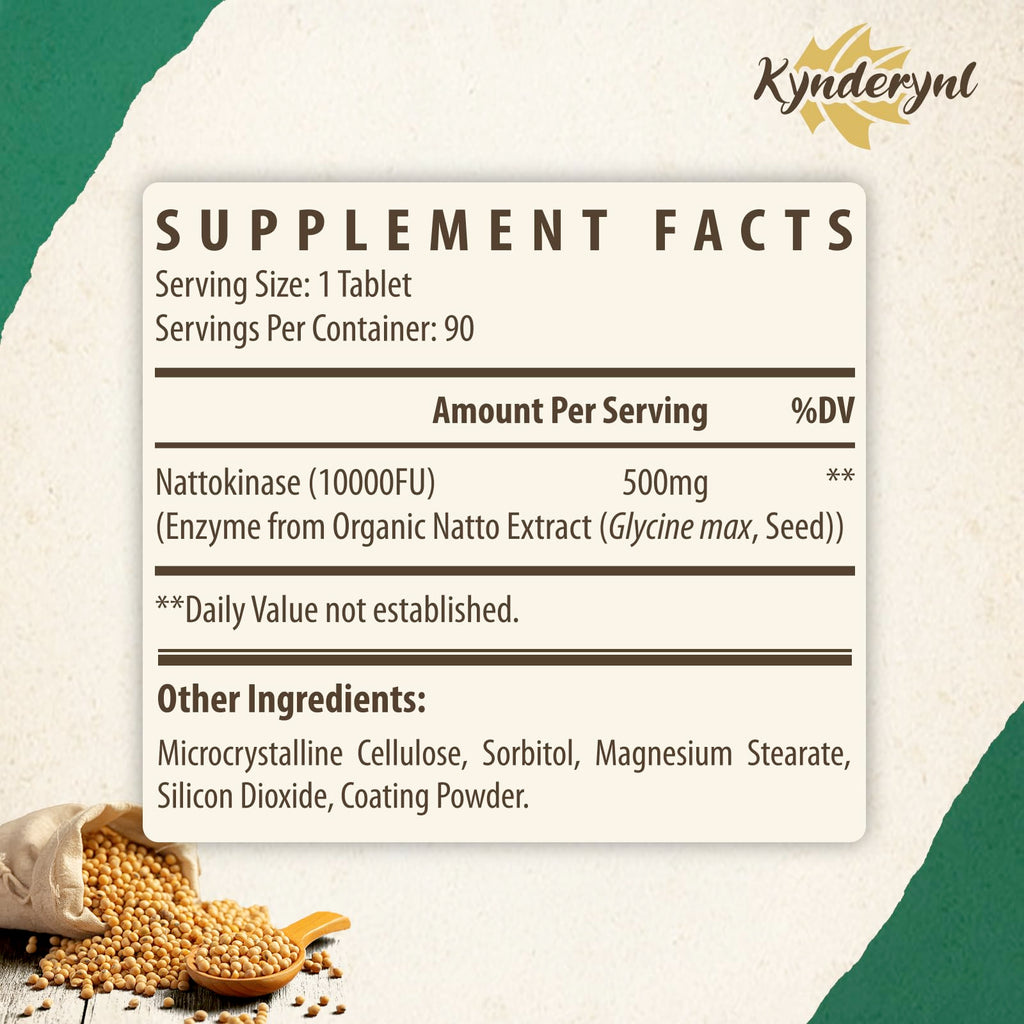 Kynderynl Nattokinase Supplement 10000FU – Organic Natto Enzyme 500mg for Circulatory Wellness, Enteric-Coated Tablets Aiding Digestion & Assisting Absorption, Vegan, 90 Tablets (90-Day Supply)