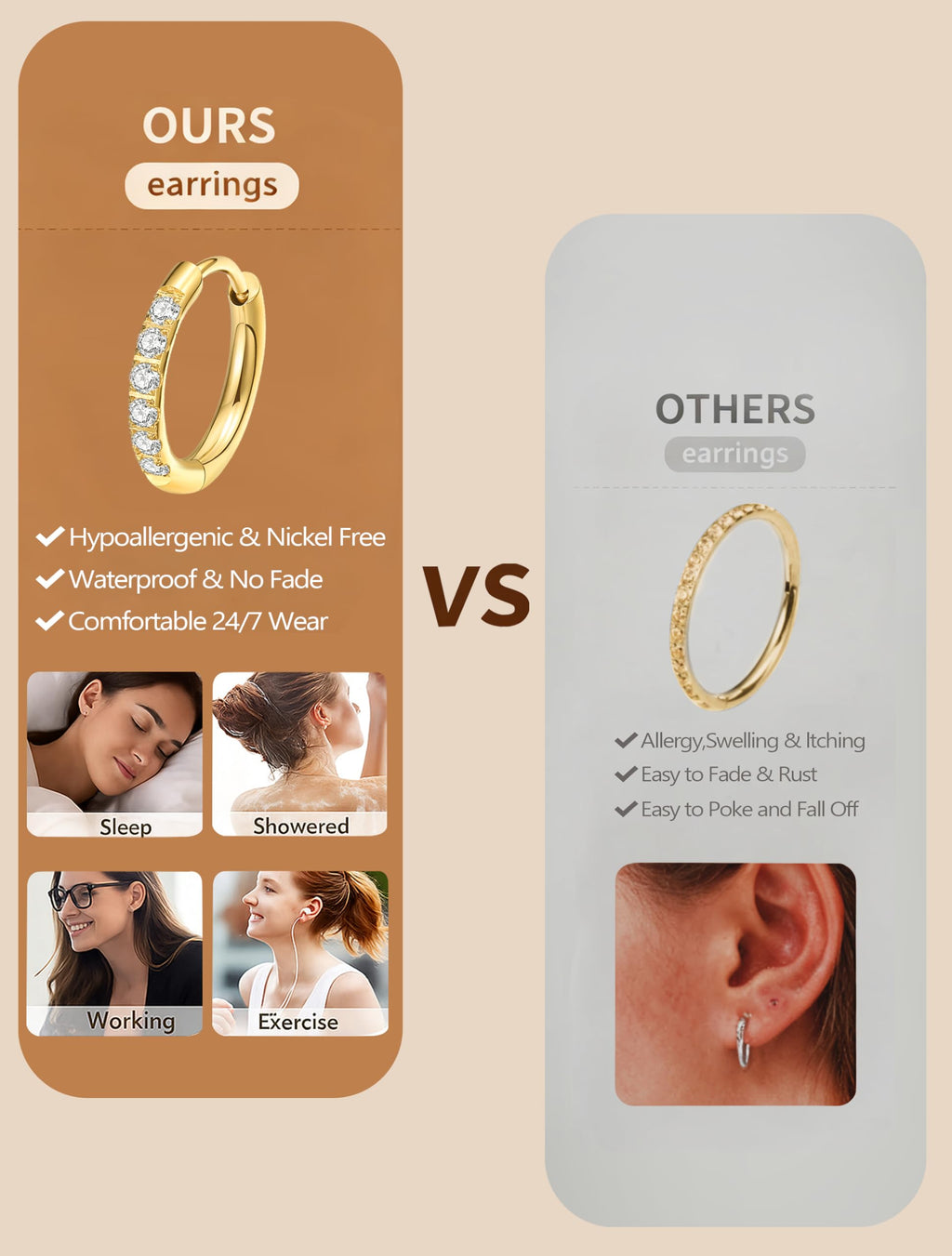 ENVYOU 316L Surgical Steel Huggie Hoop Earrings (Gold,18G 8/10/12mm)