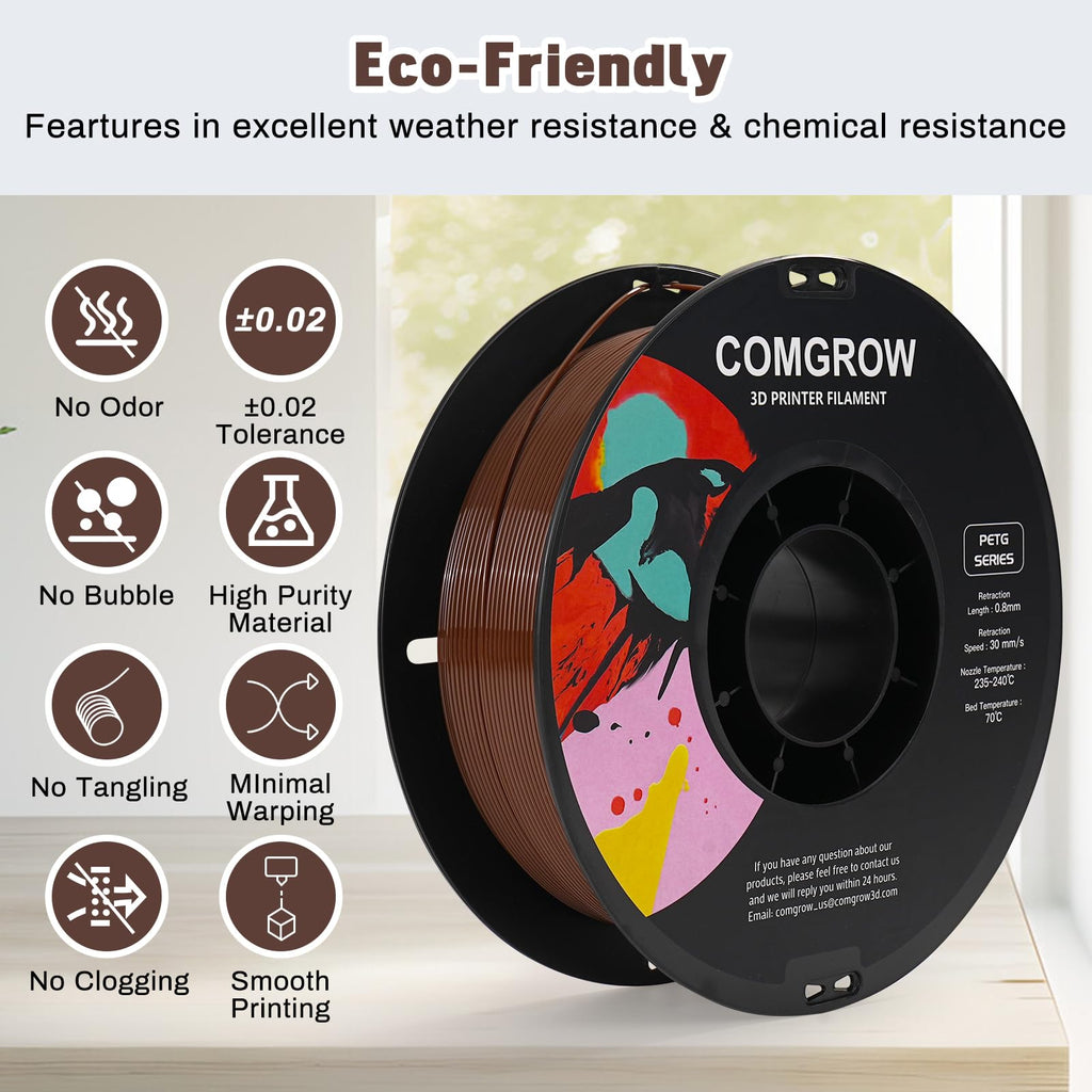 Comgrow PETG 3D Printer Filament 1.75mm, High Precision and Tough 3D Printer Filament 1kg (2.2LBS), Dimensional Accuracy +/- 0.02 mm, Fit Most 3D Printers Coffee