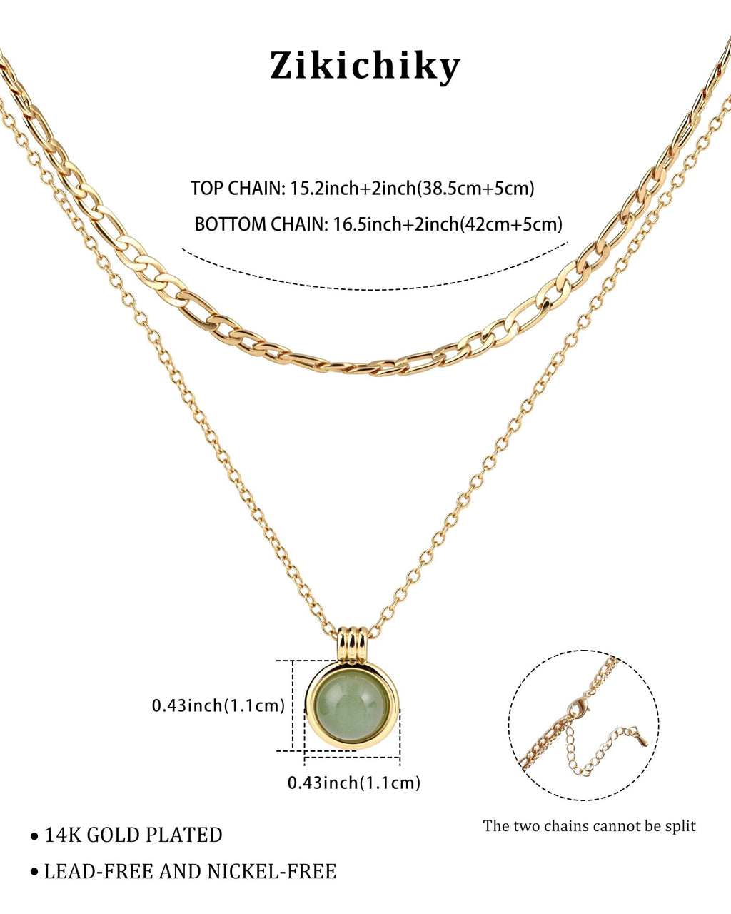 Zikichiky 14K Gold Plated Layered Necklaces for Women-Green Jade & Red Stone Pendant Figaro Chain Necklaces Non Tarnish, Stackable Choker Gemstone Jewelry Gifts