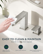 FORIOUS Brushed Nickel Bathroom Faucets 3 Hole, Stainless Steel 2 Handle Square 8 in Widespread Bathroom Sink Faucet Silver with Metal Pop up Drain, CUPC Water Hoses