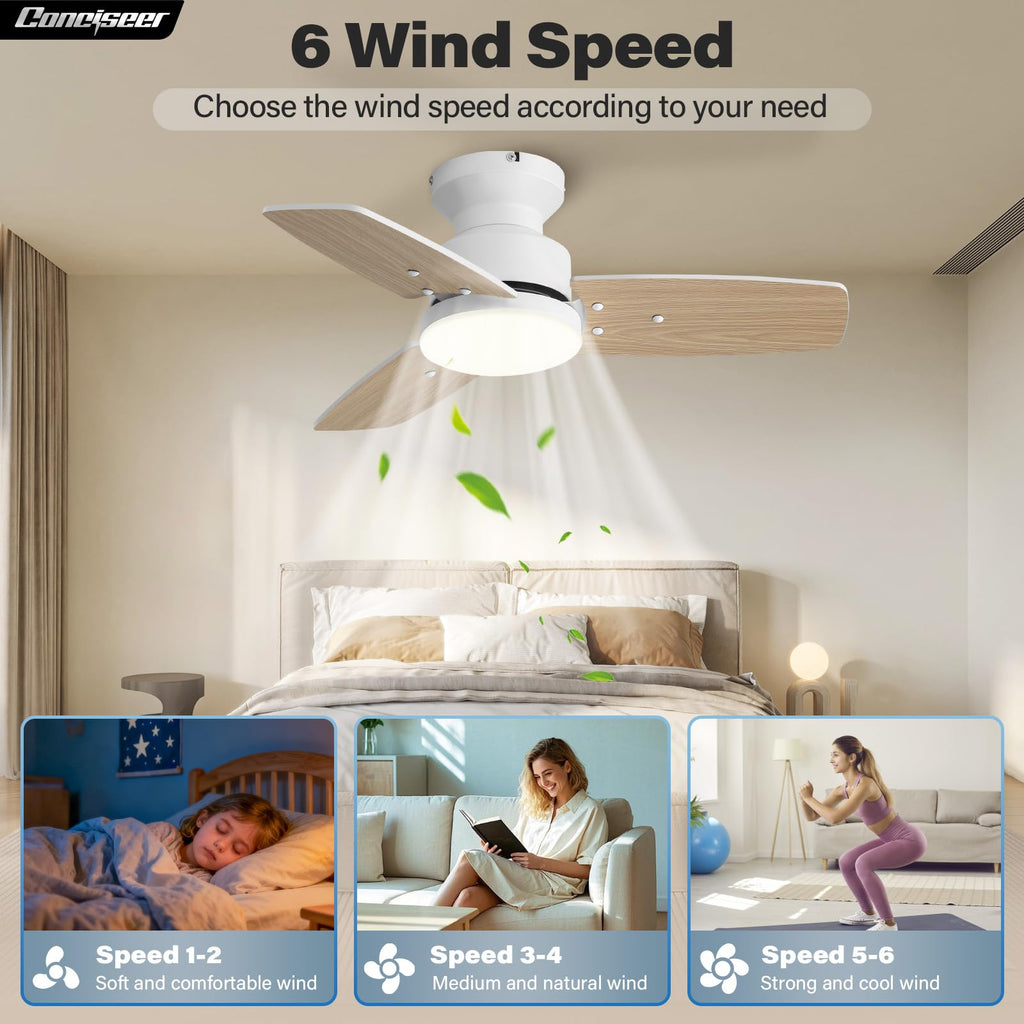 Conciseer 30 Inch Ceiling Fans with Lights and Remote, Bedroom Living Room Office, Flush Mount, 6CCT Dimmable, Dual Color 3 Blades, 6 Speed Reversible Quiet DC Motor, White/Wood Grain, 2 Pack