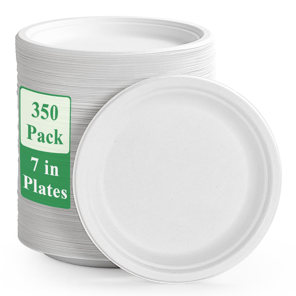 Vplus 350 Pack Paper Plates 6.9 inch 100% Compostable, Heavy-Duty Disposable Paper Plates Bagasse Natural Biodegradable Eco-Friendly Sugarcane(White)
