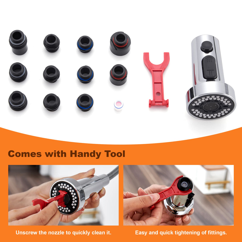 TIORIY Kitchen Faucet Head Replacement with 15 Adapters, 3 Function Pull Down Kitchen Faucet Spray Head, Pull Out Kitchen Sink Tap Sprayer Nozzle, Chrome, Plastic