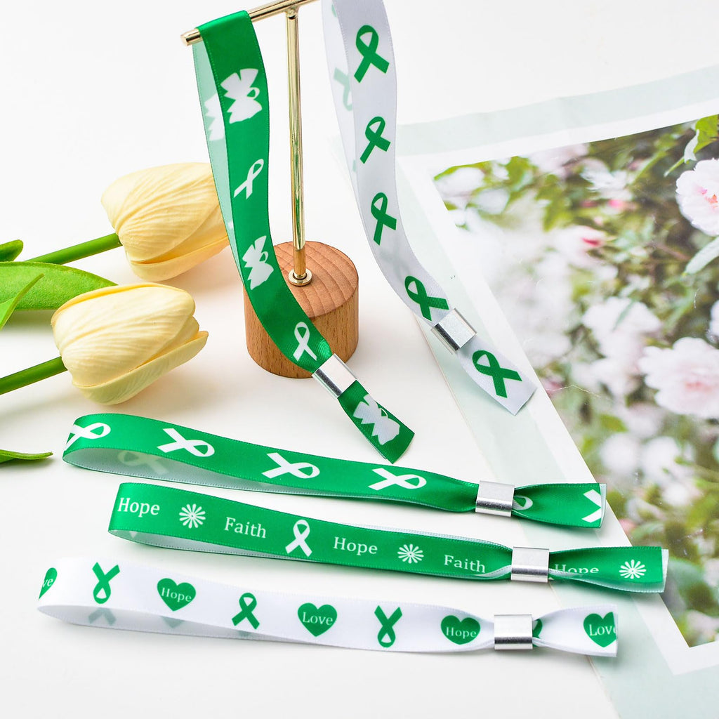 WANDIC Green Ribbon Bracelets, 30 Pcs 5 Styles Mental Health Liver Cancer Awareness Wristbands Adjustable Polyester Wrist Strap Hope Wrist Bands for Public Event, 6.89*0.59in, Polyester, no gemstone