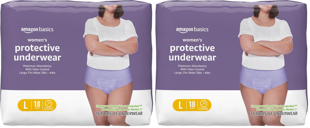 Amazon Basics Postpartum Incontinence Underwear for Women, Maximum Absorbency with Bladder Leak Protection, Fresh Protection, Disposable, Large, Lavender, 18 Count (Pack of 2)