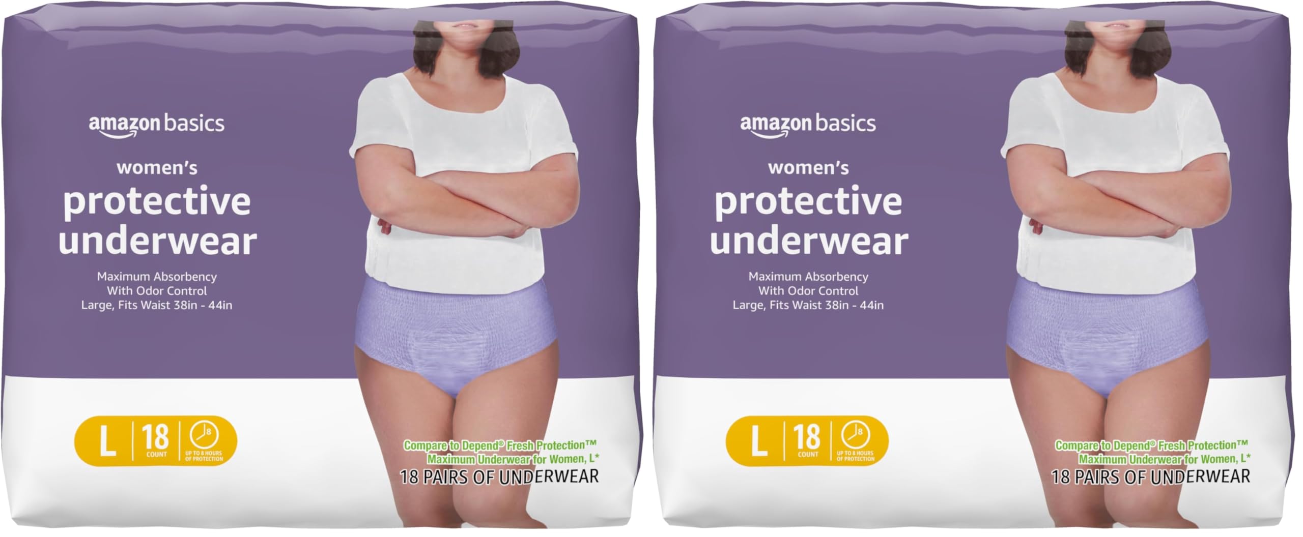 Amazon Basics Postpartum Incontinence Underwear for Women, Maximum Absorbency with Bladder Leak Protection, Fresh Protection, Disposable, Large, Lavender, 18 Count (Pack of 2)