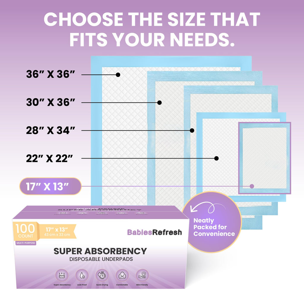 100 Count Super Absorbency Small 17” x 13” Disposable Underpads, Leakproof Quick Drying for Multi-use for Babies, Puppy Pads and Adults, Chucks, Disposable Diaper Changing Pad for Baby, Blue