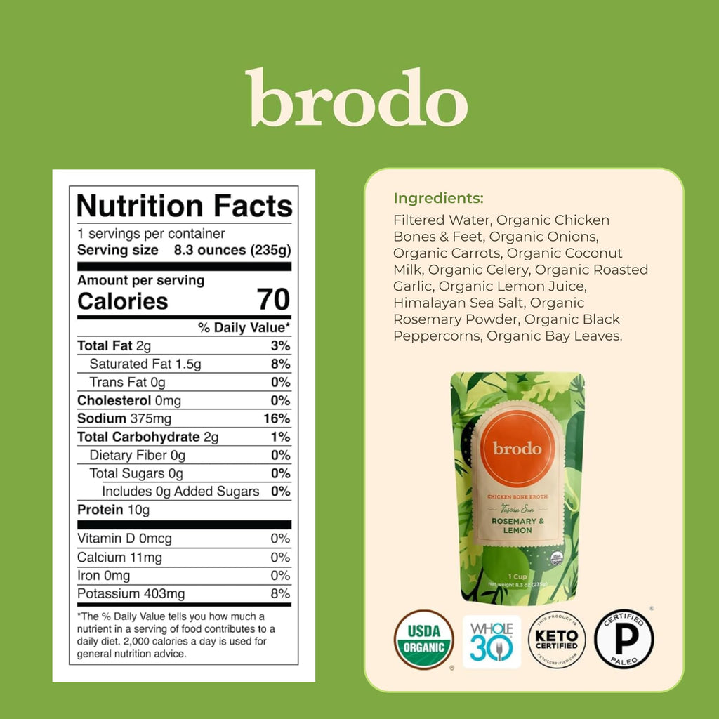 Brodo Broth Variety Pack | 1 Chicken, 1 Hearth, 1 Deeply Rooted, 1 Spicy Nonna, 1 Tom Yum, 1 Tuscan Sun Single Serving Pouches | Not Made From Concentrate, No Preservatives (6x 8.3 oz Pouches)