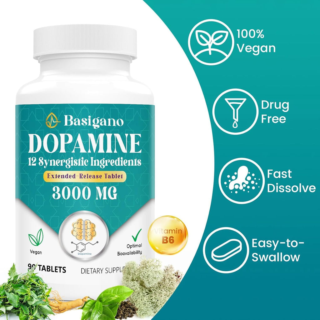 Basigano Natural Dopamine Supplement - Gluten-Free - 90 Tablets(Pack of 2)