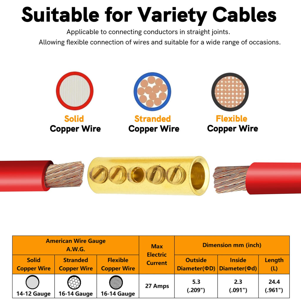 16-14 Gauge Wire Butt Connectors 20 PCS Brass Mechanical Butt Splice Connectors Kit 16-14 AWG Screw Sleeve Butt Splices Quick Connect Wire Connectors Mechanical Splices with 20 PCS 3:1 Heat Shrinks