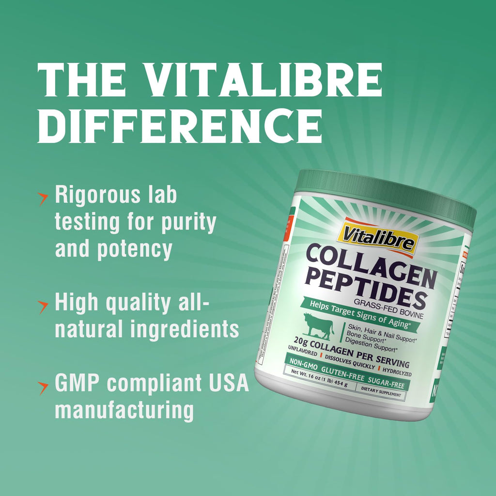 Vitalibre Bovine Collagen Peptides Powder for Women and Men, Grass-Fed Hydrolyzed Collagen Protein Type I & III, Skin, Hair, Nails, Bones, Digestion, Unflavored, Non-GMO, Keto & GF, 22 Servings, 16oz