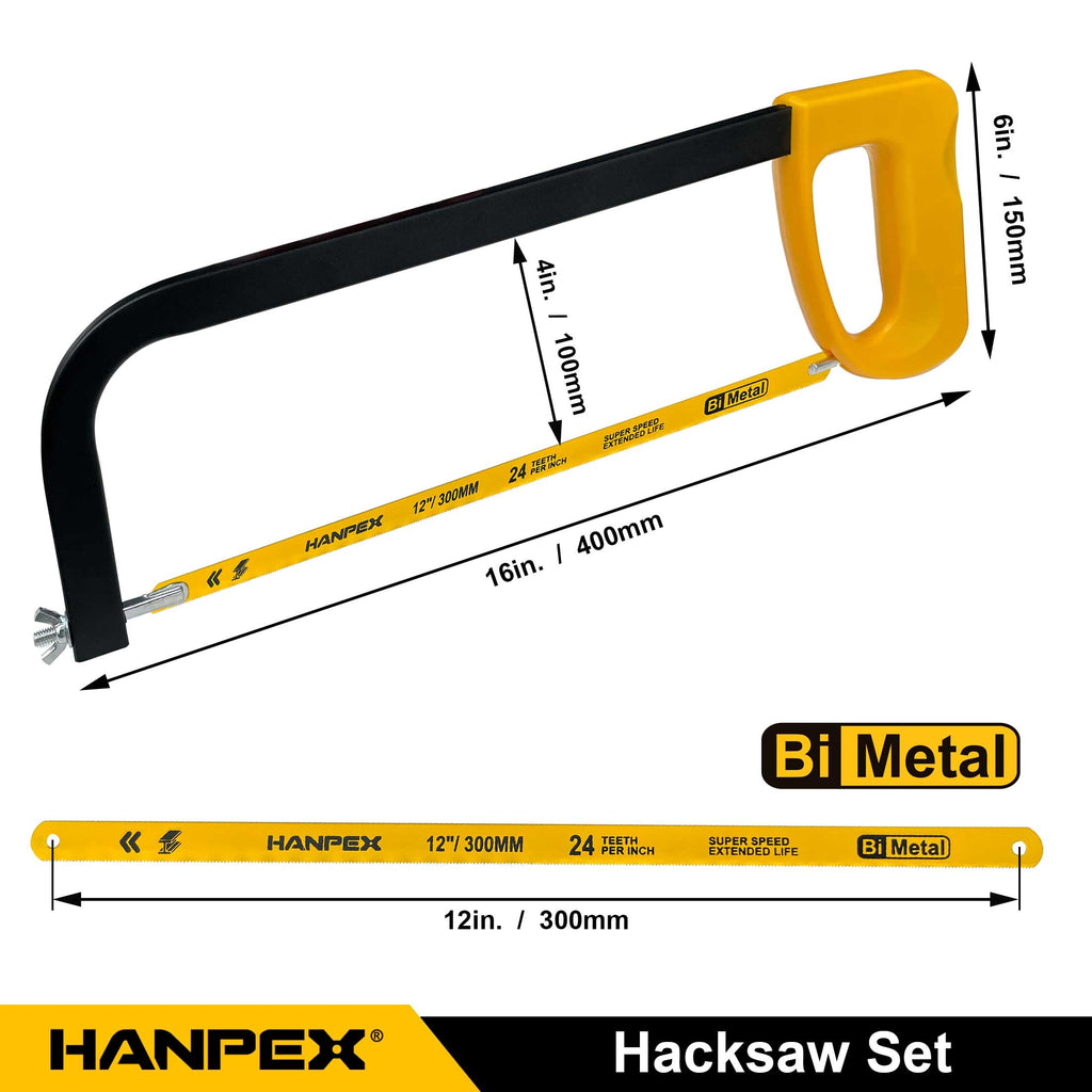 Hanpex 12in. High-Tension Hacksaw Frame with 5pcs Extra Bi-metal Blades, Hand Saw Suitable for Metal, wood, PVC, Carpentry